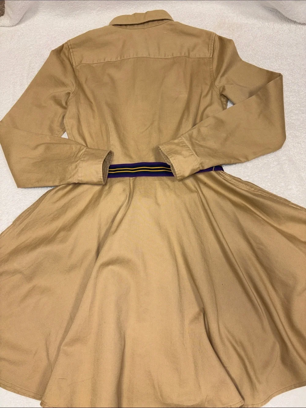 Ralph Lauren Khaki Button-Down Shirt Dress purple Yellow Stripe Belt girls 14